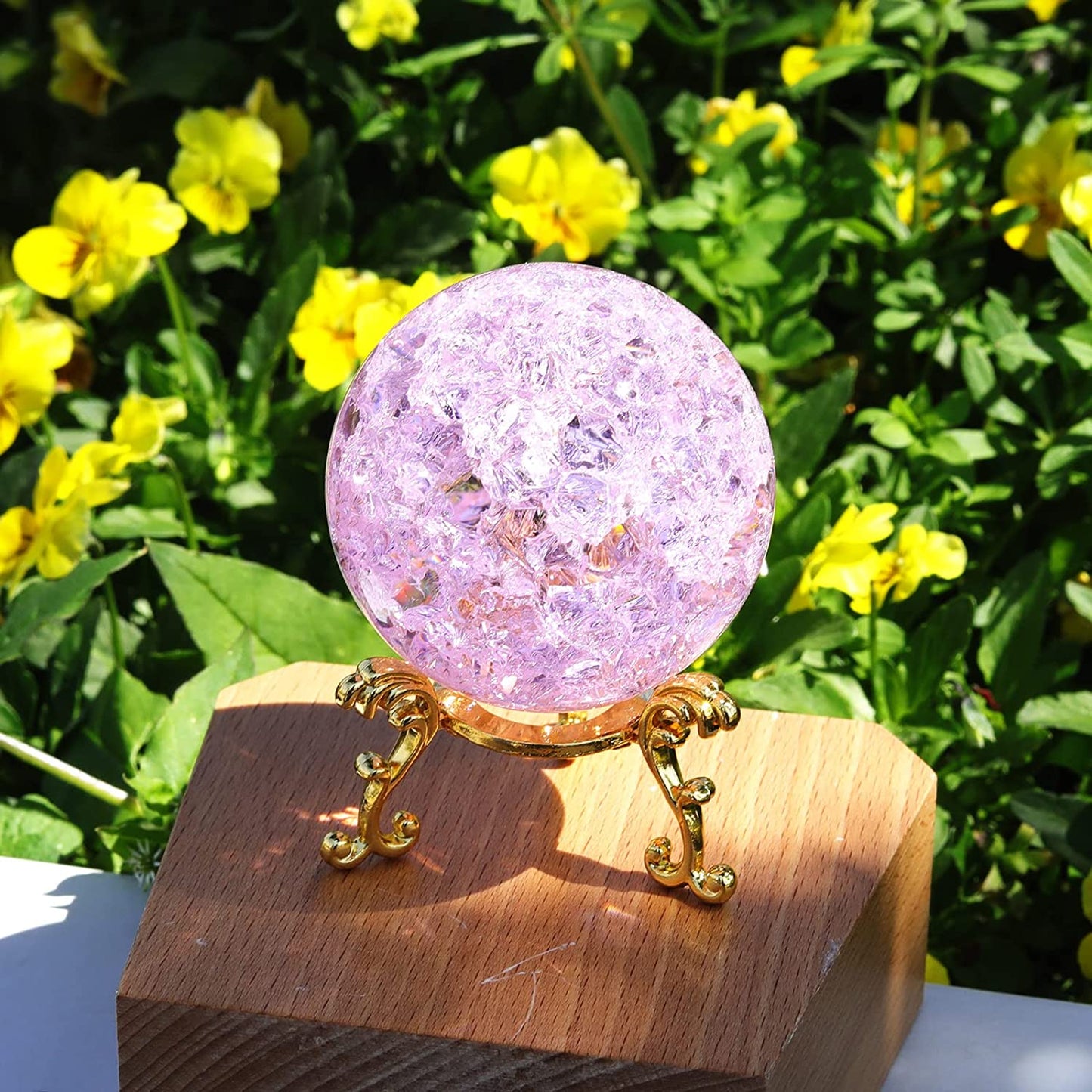 60mm Pink Crystal Crackle Ball with Golden Stand
