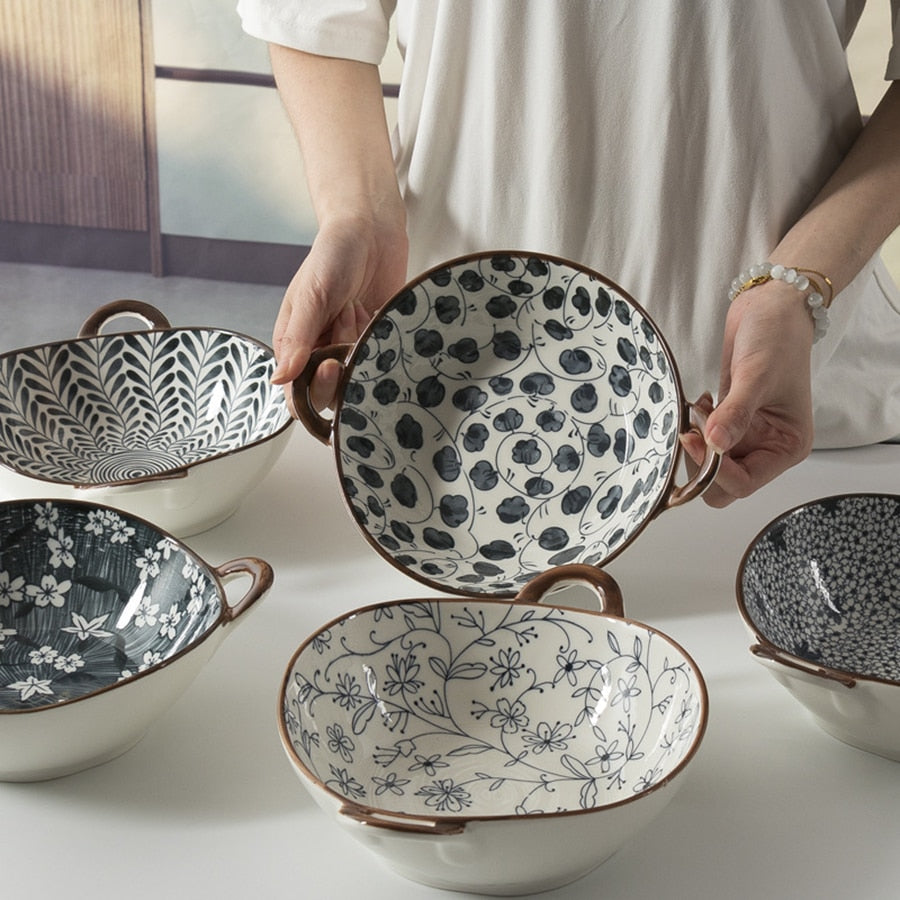 Farmhouse Modern Style Irregular Shaped Ceramic Bowls With Handles