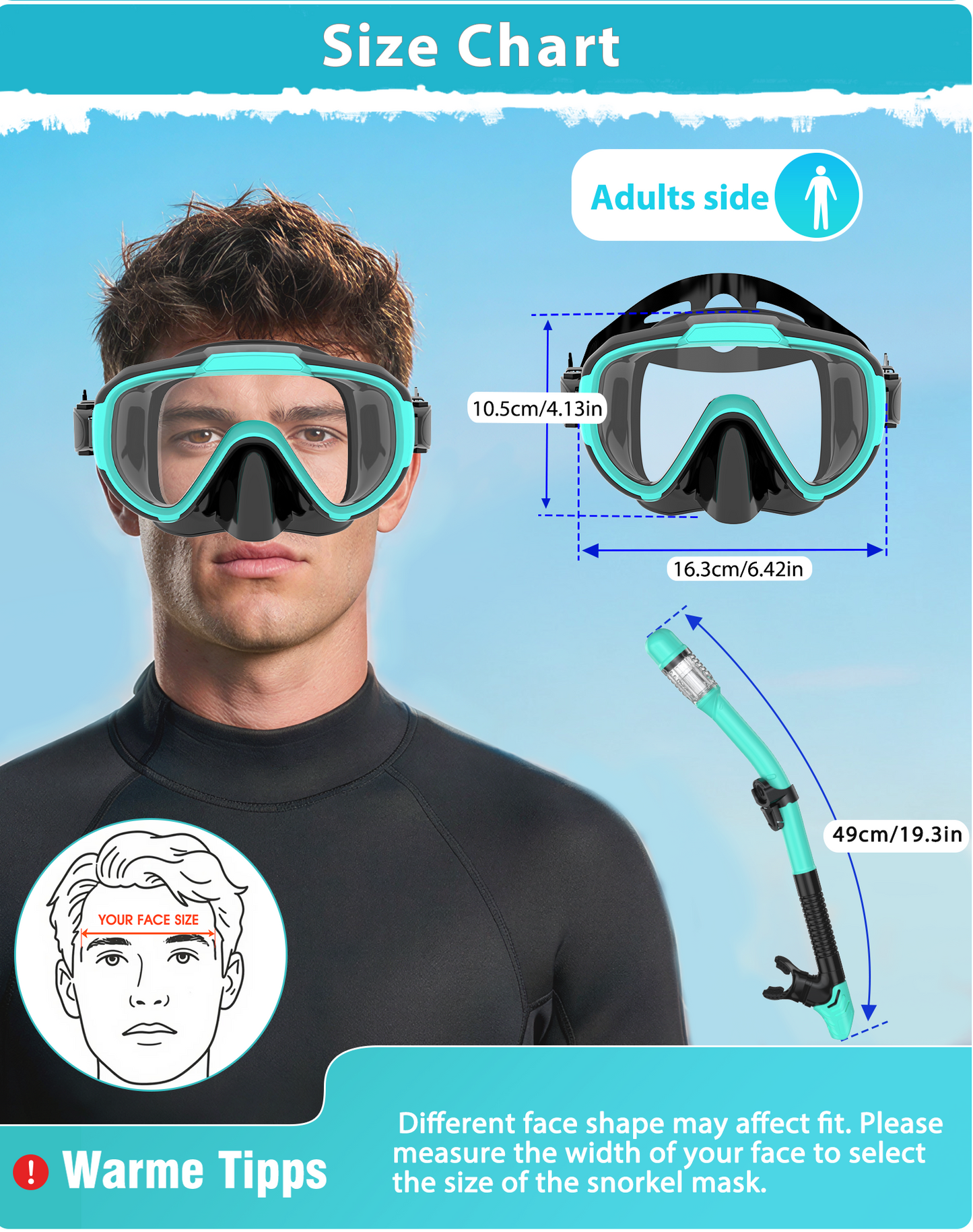 Adults Snorkel Set | With Adjustable Flippers, Diving Set with Snorkel Mask