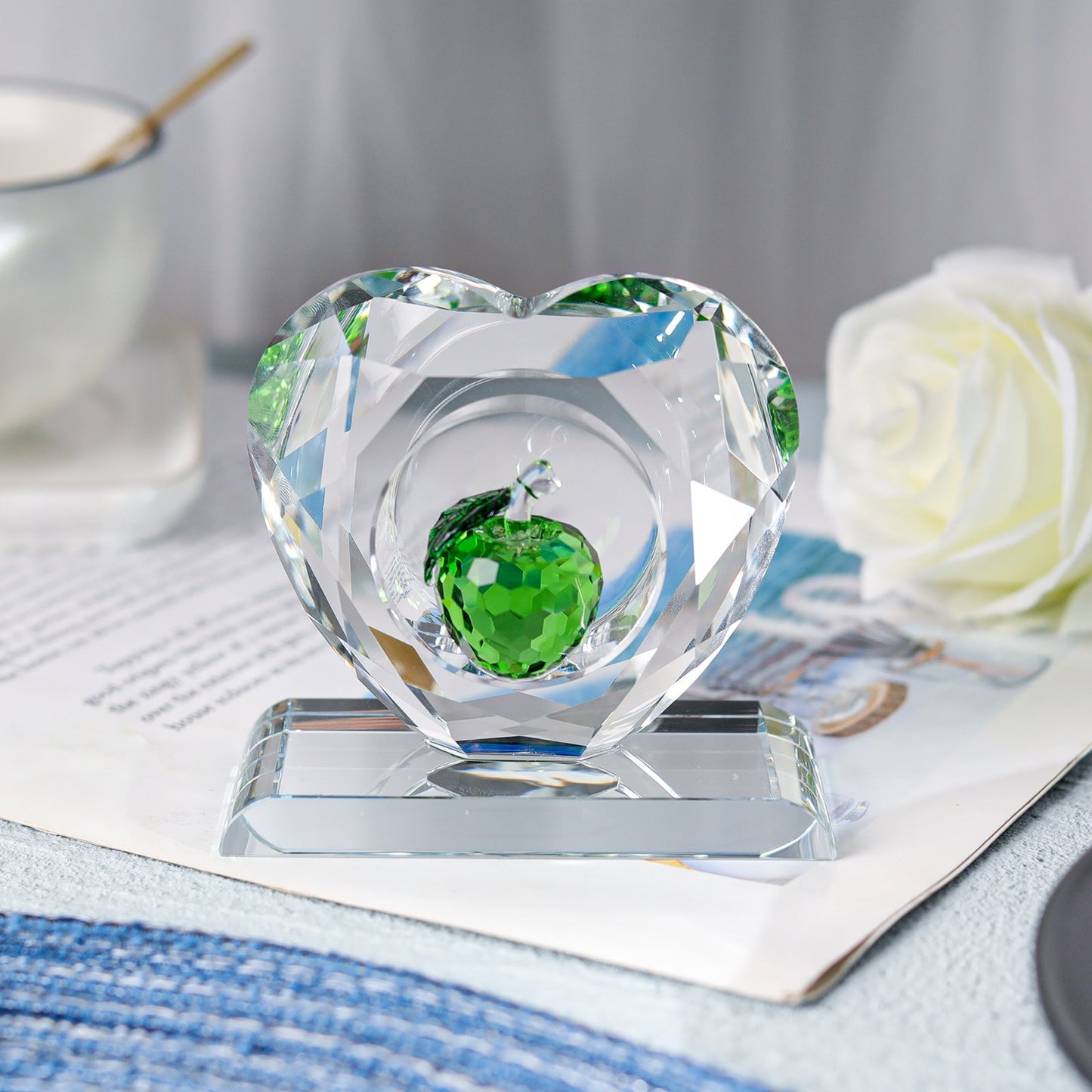 Heart-shaped Crystal Paperweight with Colorful Apple