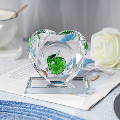 Heart-shaped Crystal Paperweight with Colorful Apple