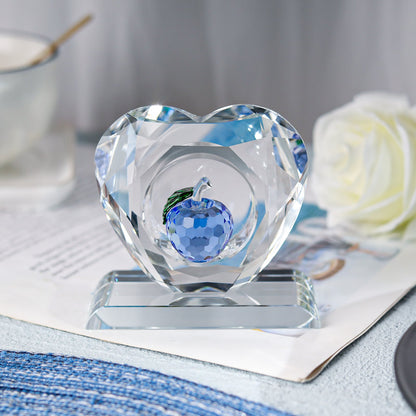 Heart-shaped Crystal Paperweight with Colorful Apple