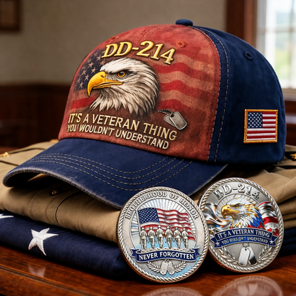 Veteran Embroidered Baseball Hat with 2 Commemorative Coins, Patriotic Eagle Design