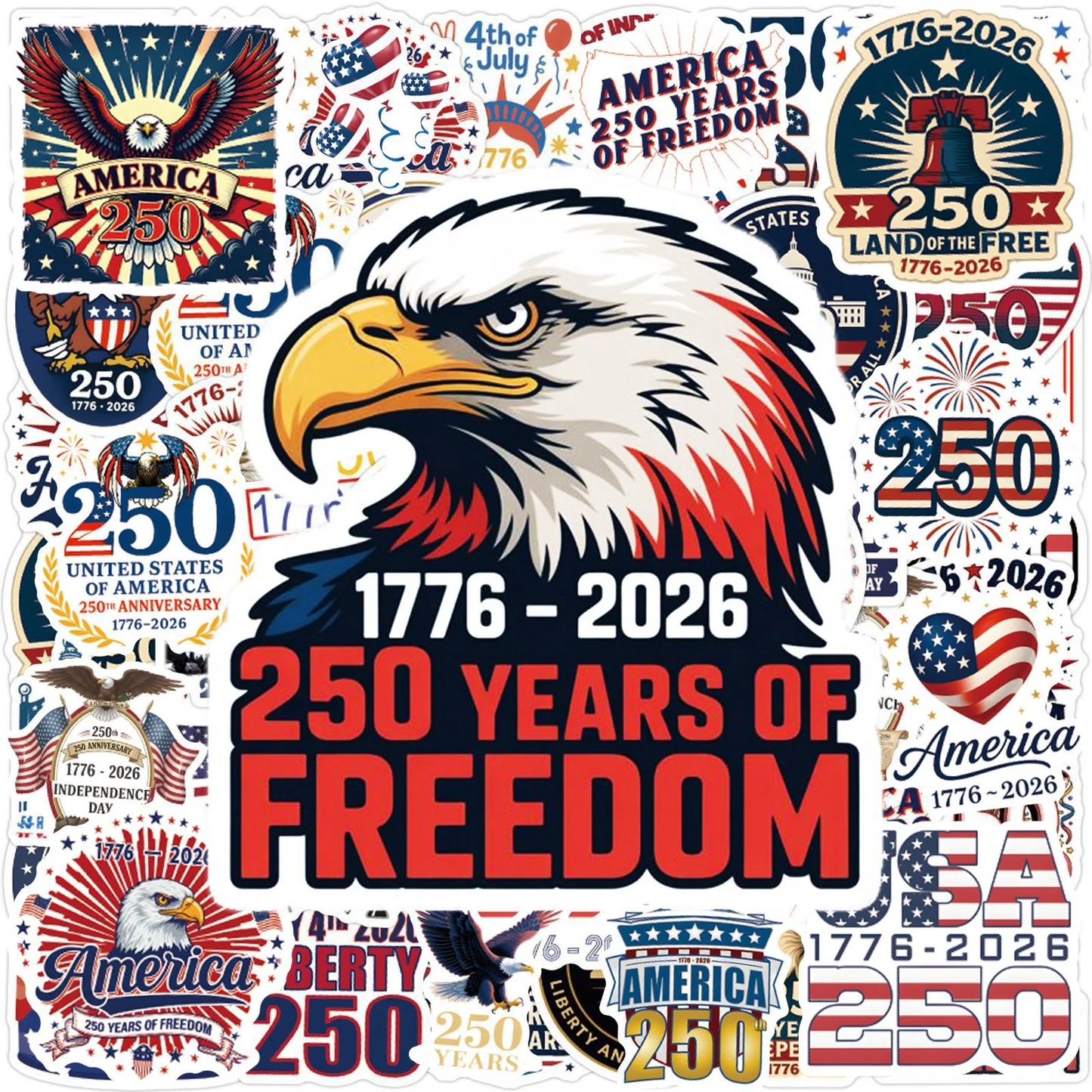 50 Pcs USA 250th Anniversary Patriotic Stickers – Independence Day