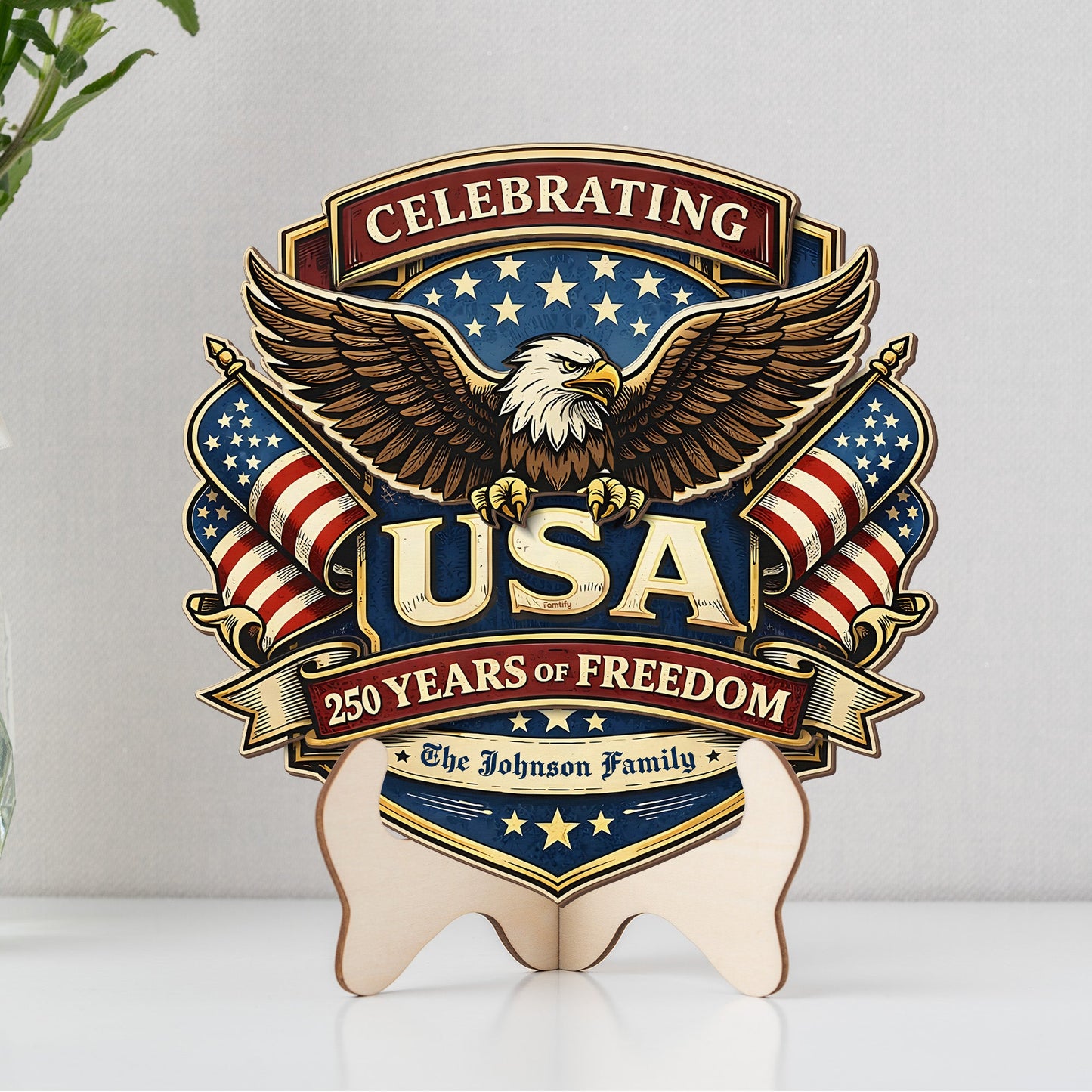 Personalized USA 250 Years of Freedom 2-Layer Wood Sign – Patriotic Eagle 1776–2026 Independence Anniversary Door Decor