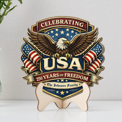 Personalized USA 250 Years of Freedom 2-Layer Wood Sign – Patriotic Eagle 1776–2026 Independence Anniversary Door Decor