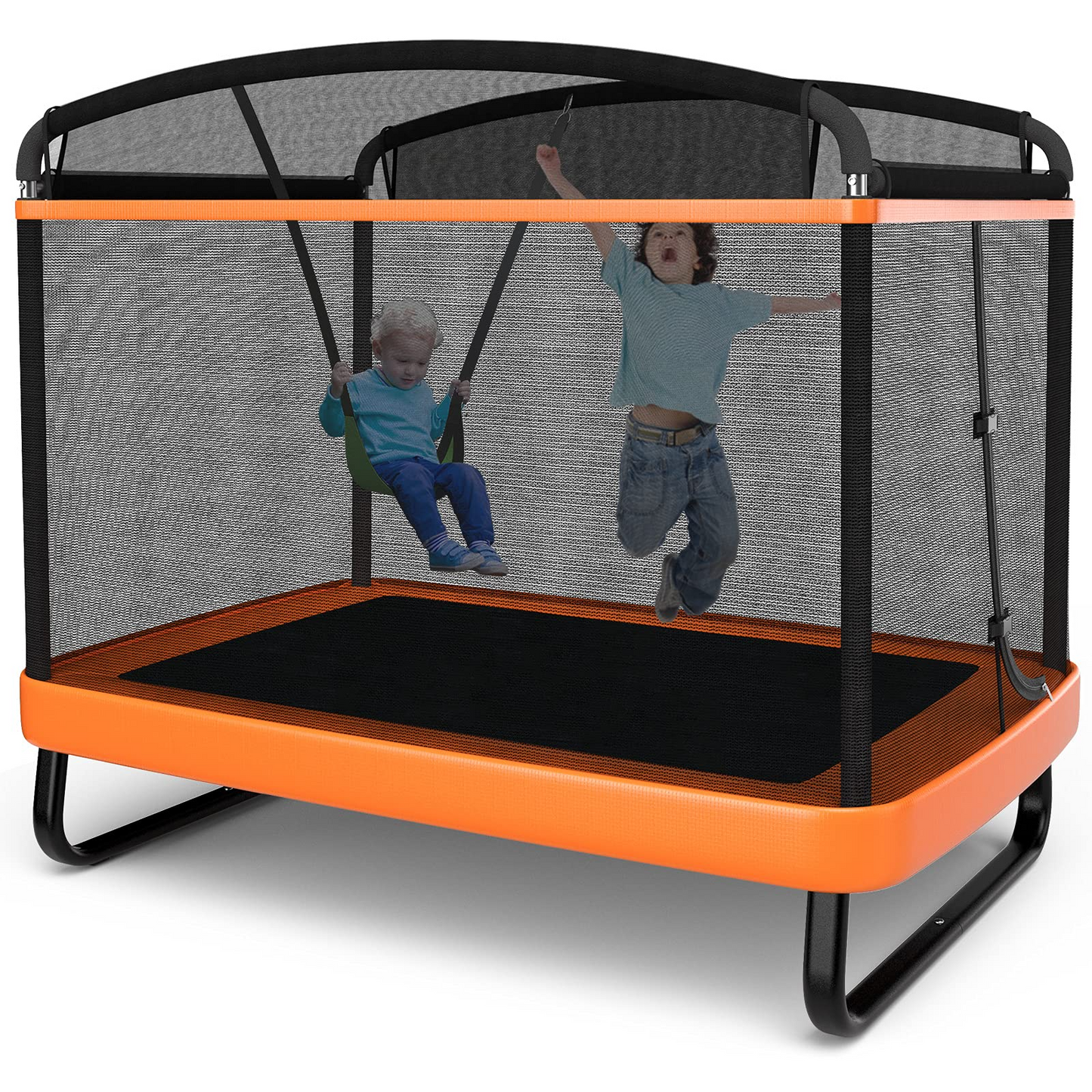 6 Ft Kids Trampoline with Swing, Baby Toddler Rectangle Trampoline, Max Load 220lbs (Blue/Orange)