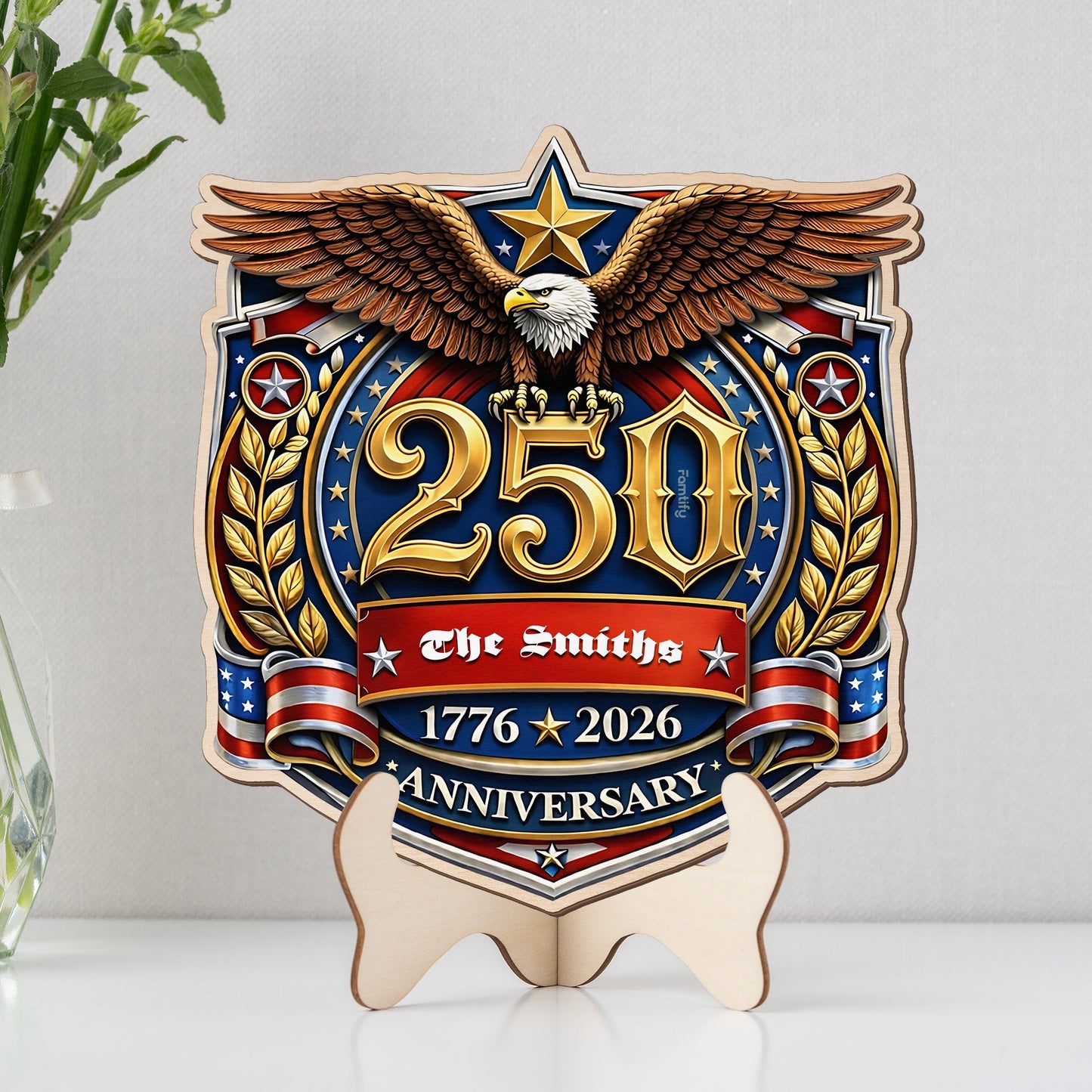Personalized USA 250th Anniversary 2-Layer Wood Sign – Patriotic Eagle Emblem 1776–2026 Custom Family Name Door Decor