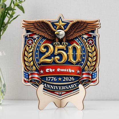 Personalized USA 250th Anniversary 2-Layer Wood Sign – Patriotic Eagle Emblem 1776–2026 Custom Family Name Door Decor