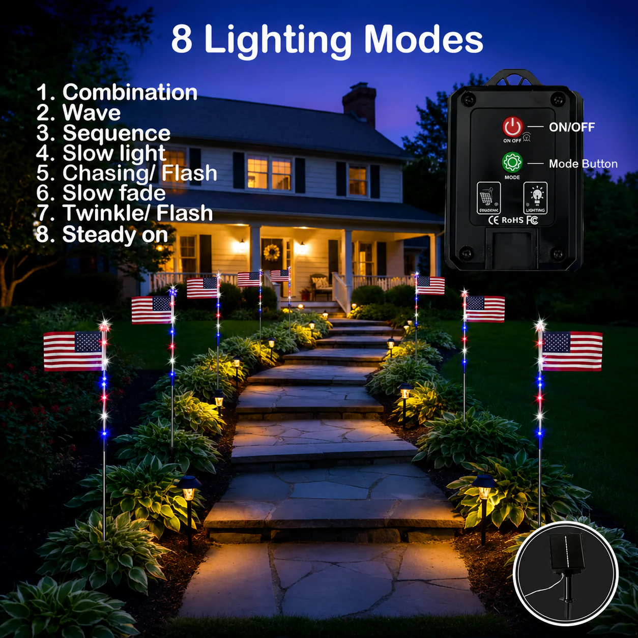 8 Solar American Flag Pathway Lights for 250th US Independence Celebration