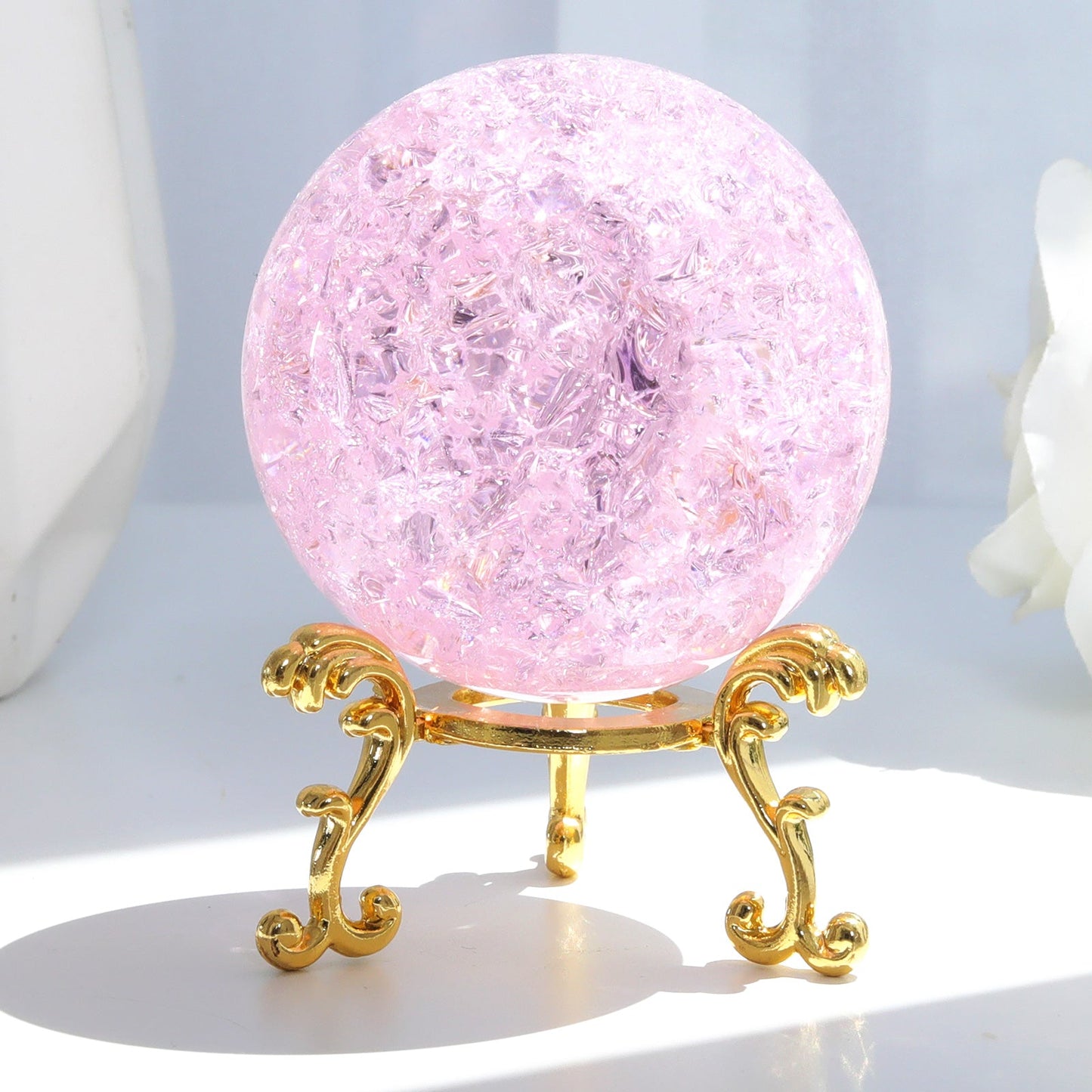 60mm Pink Crystal Crackle Ball with Golden Stand