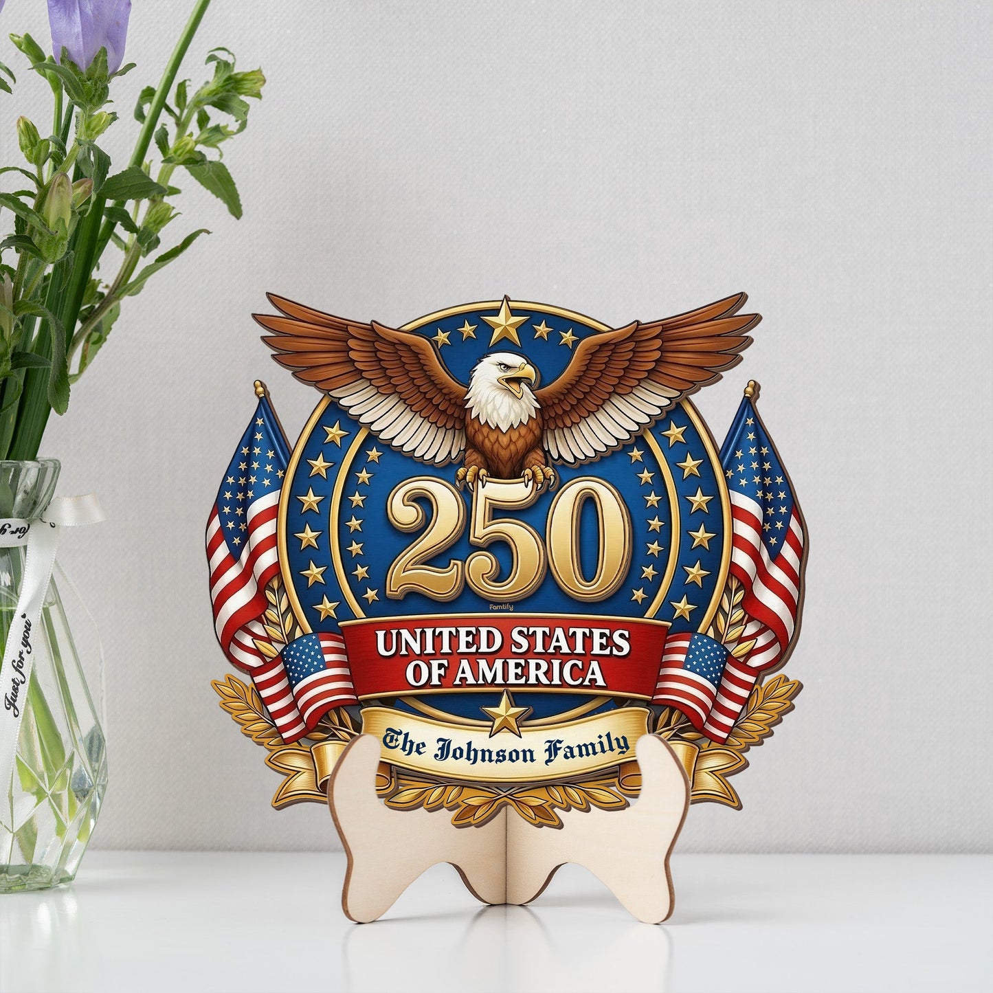 Personalized United States 250th Anniversary 2-Layer Wood Sign – Patriotic Eagle 1776–2026 Semiquincentennial Door Decor