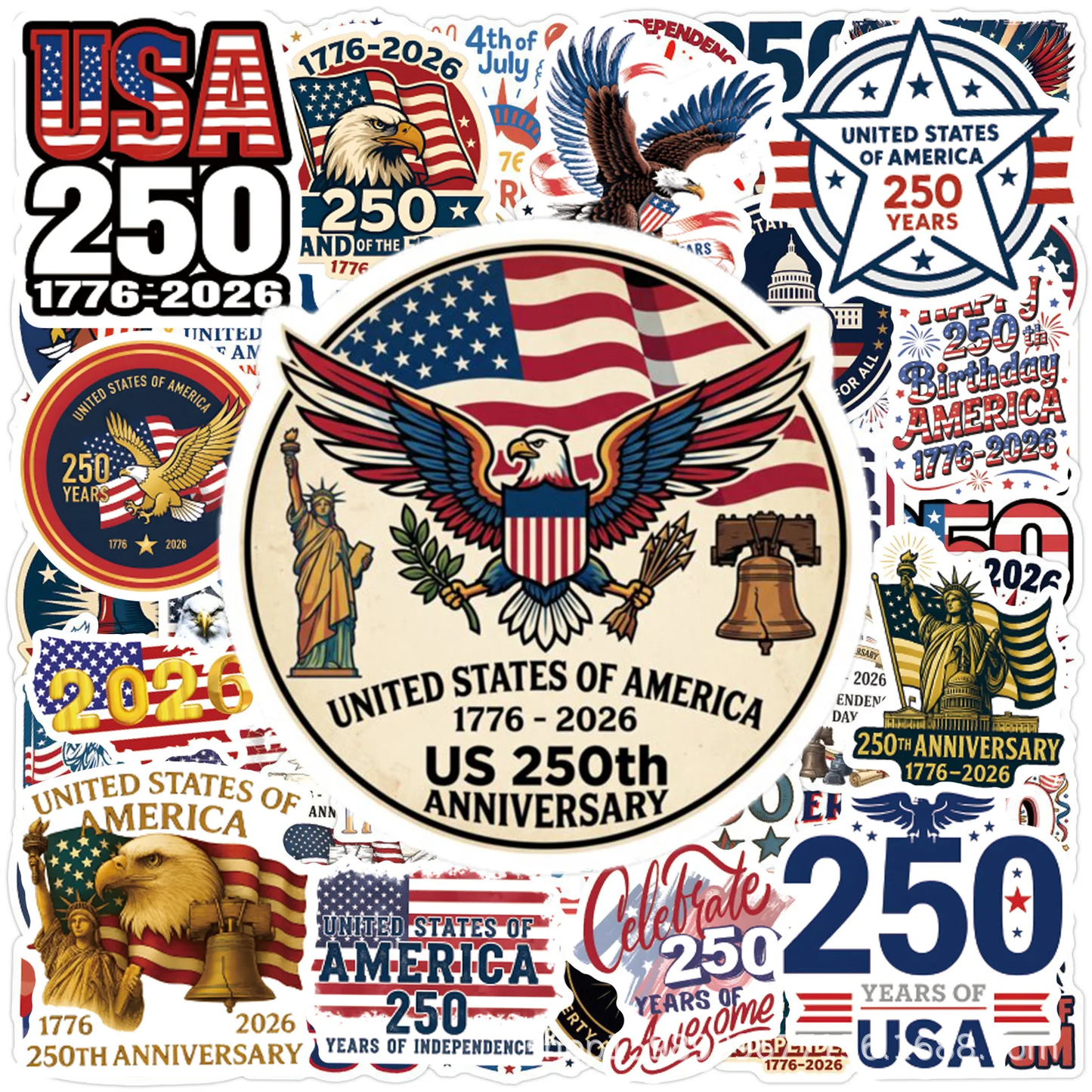 50 Pcs USA 250th Anniversary Patriotic Stickers – Independence Day