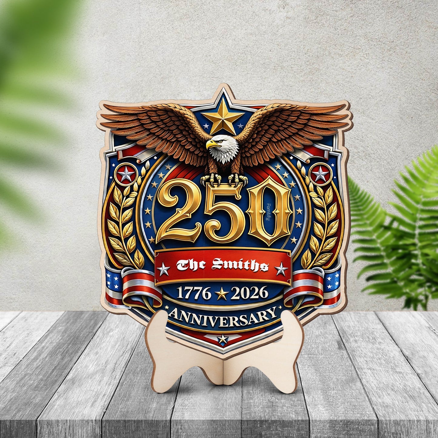 Personalized USA 250th Anniversary 2-Layer Wood Sign – Patriotic Eagle Emblem 1776–2026 Custom Family Name Door Decor
