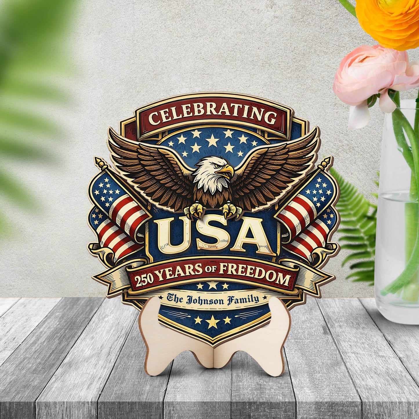 Personalized USA 250 Years of Freedom 2-Layer Wood Sign – Patriotic Eagle 1776–2026 Independence Anniversary Door Decor