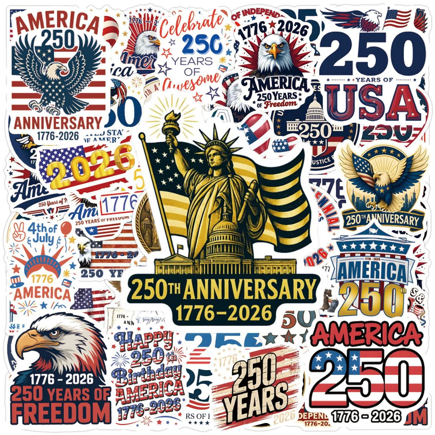 50 Pcs USA 250th Anniversary Patriotic Stickers – Independence Day