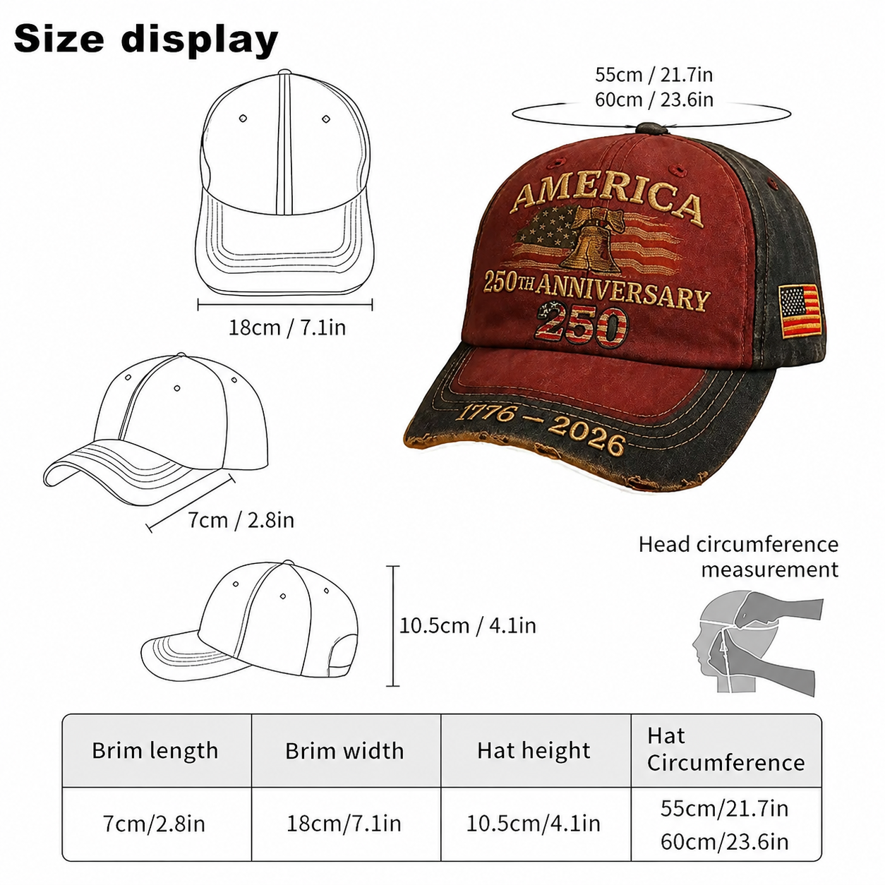 United States 250th Anniversary Embroidered Patriotic Cap for Independence Day