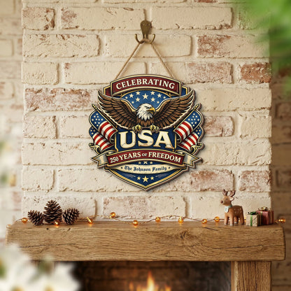 Personalized USA 250 Years of Freedom 2-Layer Wood Sign – Patriotic Eagle 1776–2026 Independence Anniversary Door Decor