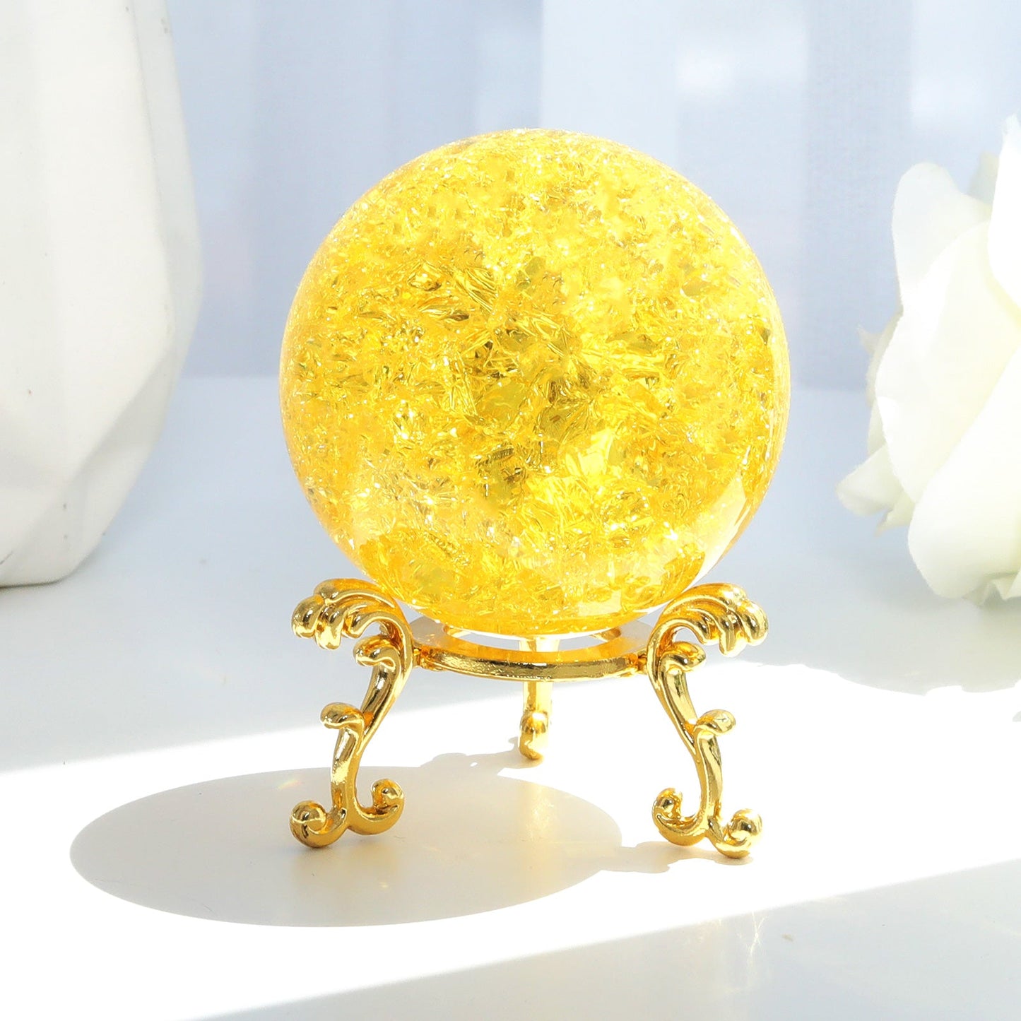 60mm Yellow Crystal Crackle Ball with Golden Stand