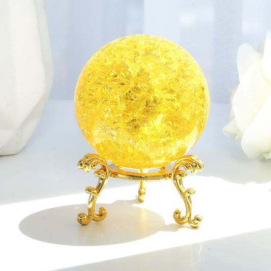 60mm Yellow Crystal Crackle Ball with Golden Stand