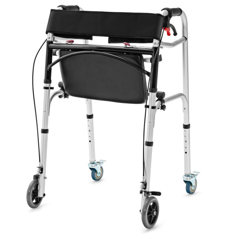 4-in-1 Folding Rolling Walker Height Adjustable Stand-Up Walkers Medical Walking Mobility Aid with Wheels and Brakes for Seniors