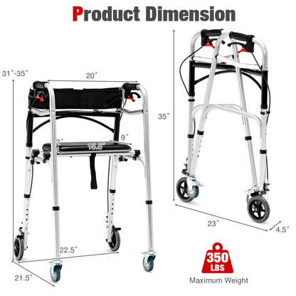 4-in-1 Folding Rolling Walker Height Adjustable Stand-Up Walkers Medical Walking Mobility Aid with Wheels and Brakes for Seniors