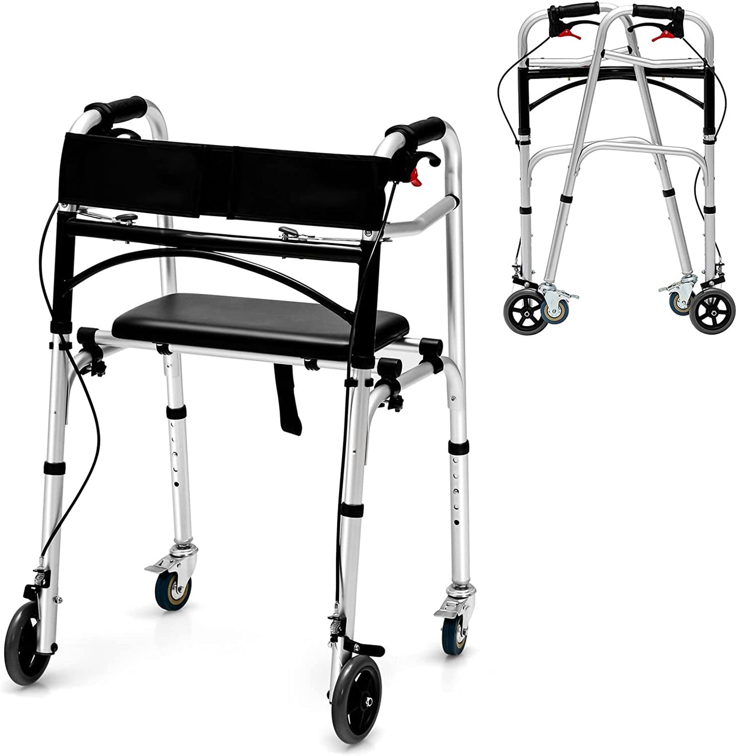 4-in-1 Folding Rolling Walker Height Adjustable Stand-Up Walkers Medical Walking Mobility Aid with Wheels and Brakes for Seniors