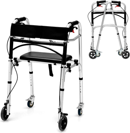4-in-1 Folding Rolling Walker Height Adjustable Stand-Up Walkers Medical Walking Mobility Aid with Wheels and Brakes for Seniors