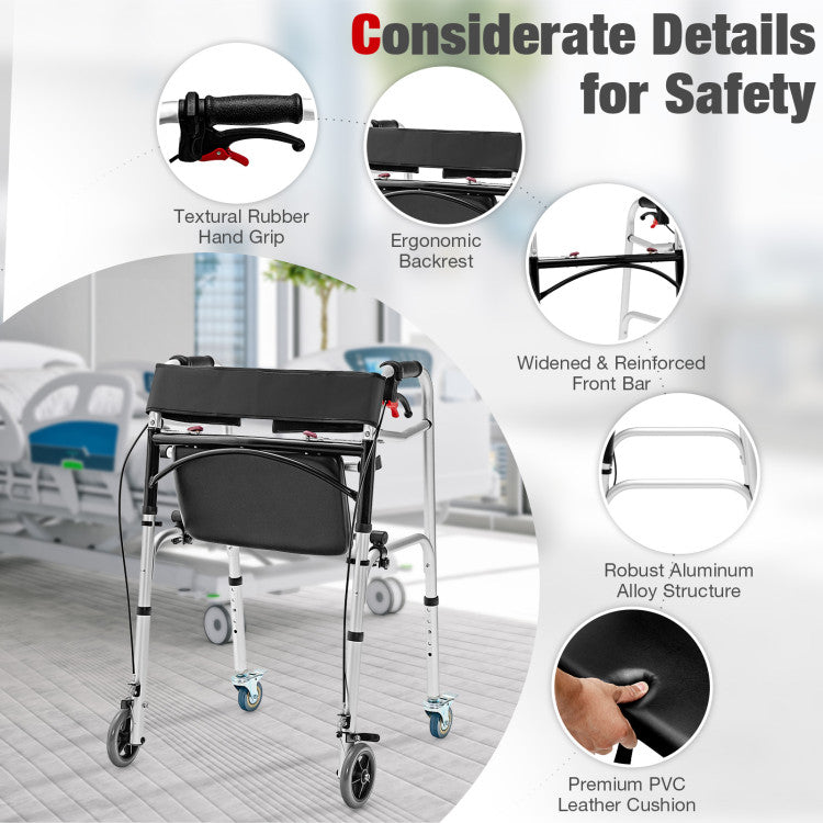 4-in-1 Folding Rolling Walker Height Adjustable Stand-Up Walkers Medical Walking Mobility Aid with Wheels and Brakes for Seniors