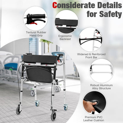 4-in-1 Folding Rolling Walker Height Adjustable Stand-Up Walkers Medical Walking Mobility Aid with Wheels and Brakes for Seniors