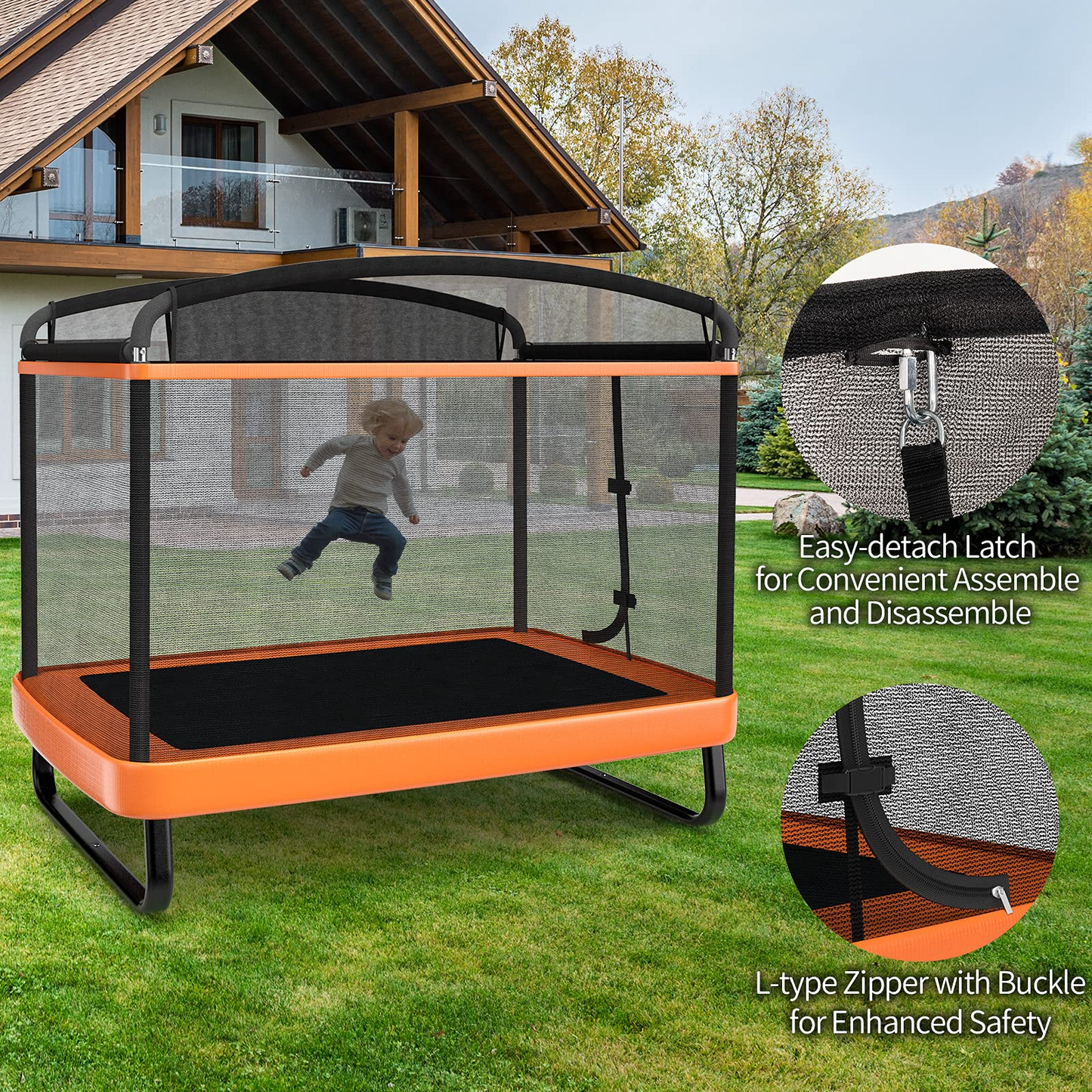 6 Ft Kids Trampoline with Swing, Baby Toddler Rectangle Trampoline, Max Load 220lbs (Blue/Orange)