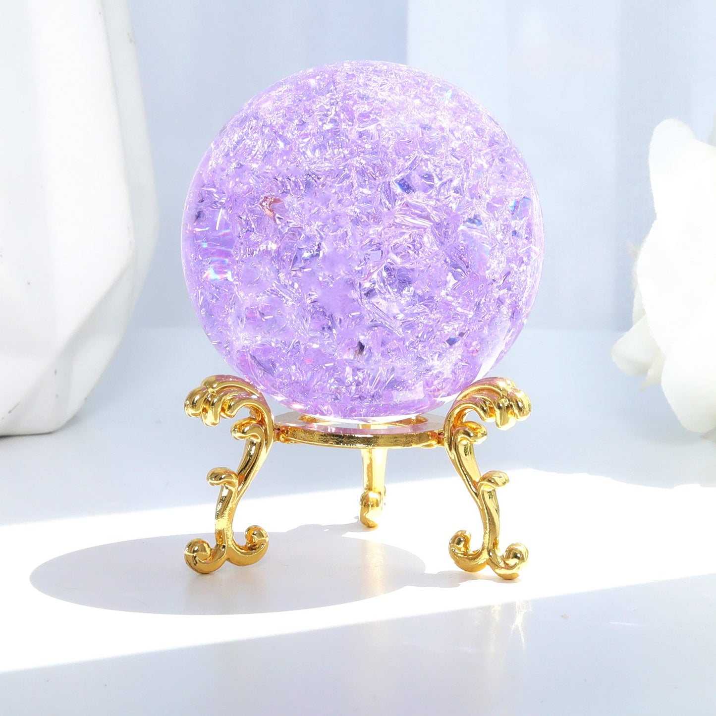 60mm Purple Crystal Crackle Ball with Golden Stand