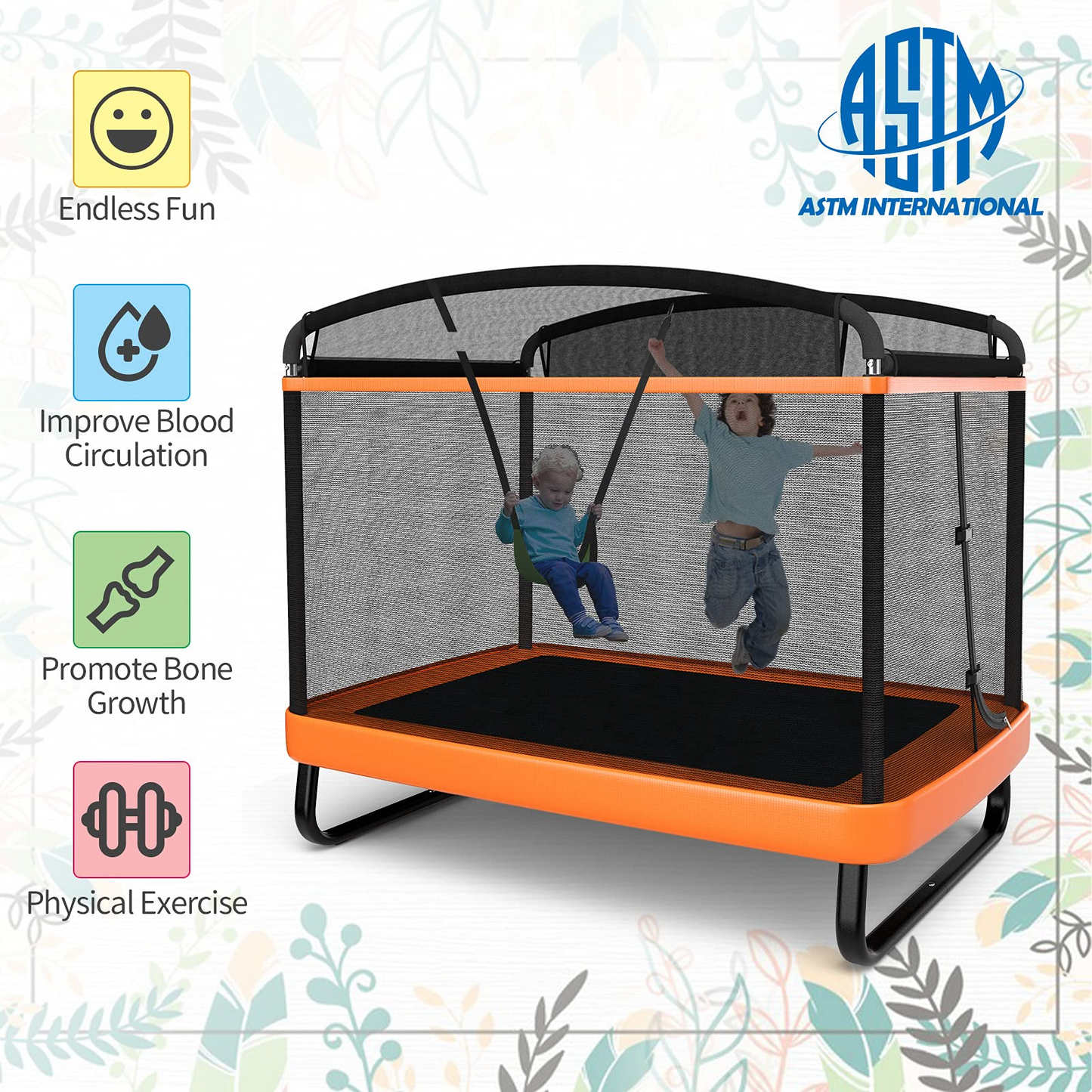 6 Ft Kids Trampoline with Swing, Baby Toddler Rectangle Trampoline, Max Load 220lbs (Blue/Orange)