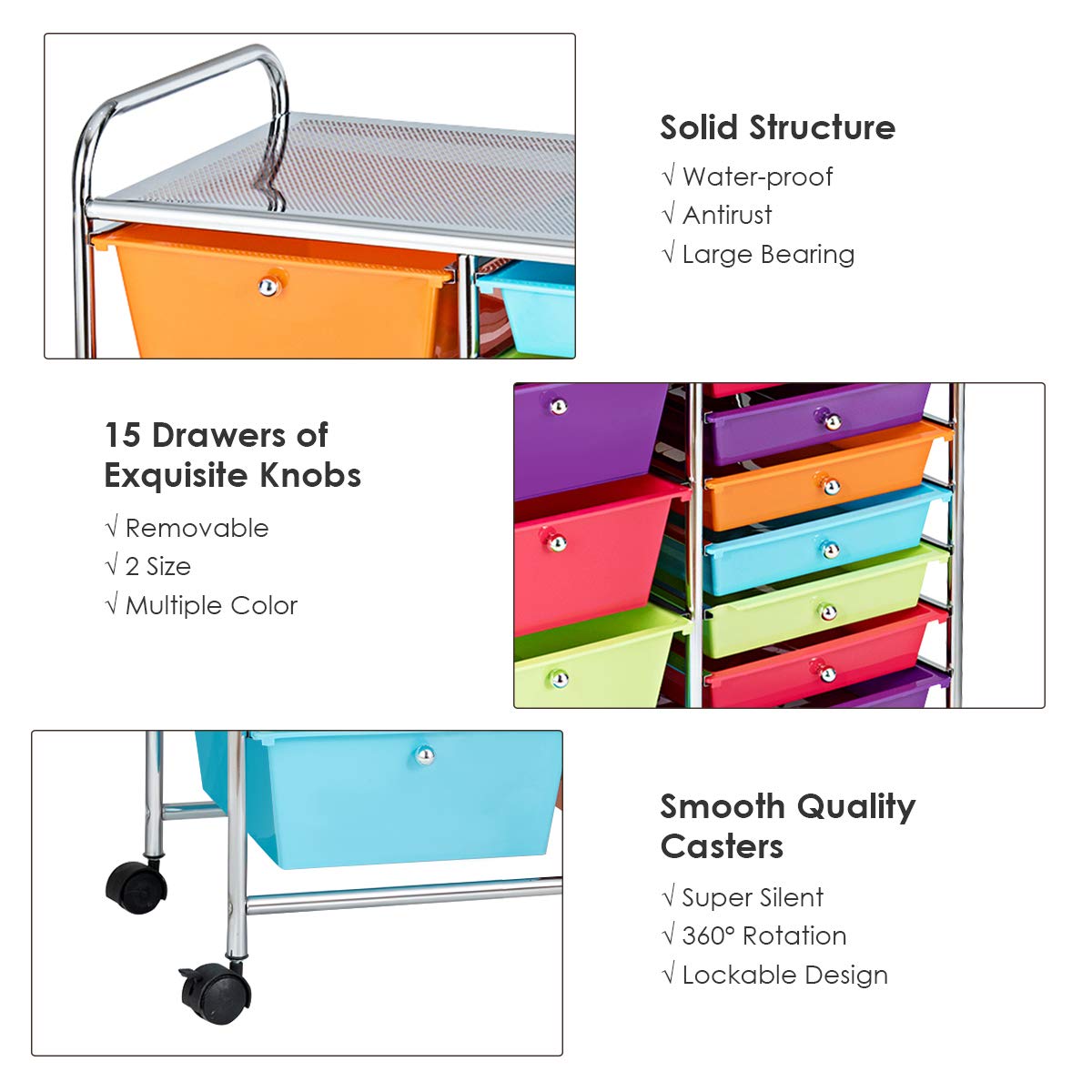 15-Drawer Organizer Cart Office School Rolling Storage Cart