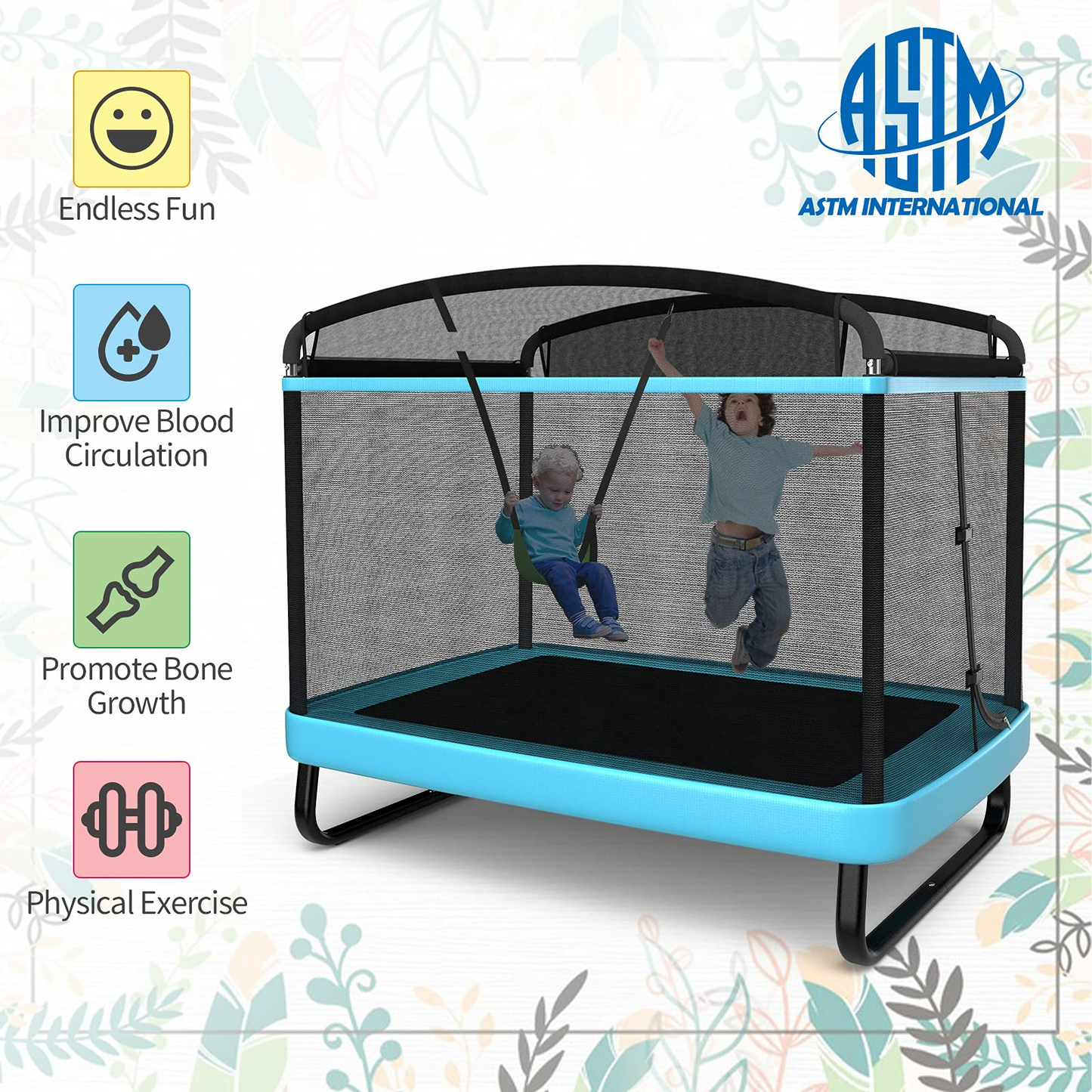 6 Ft Kids Trampoline with Swing, Baby Toddler Rectangle Trampoline, Max Load 220lbs (Blue/Orange)