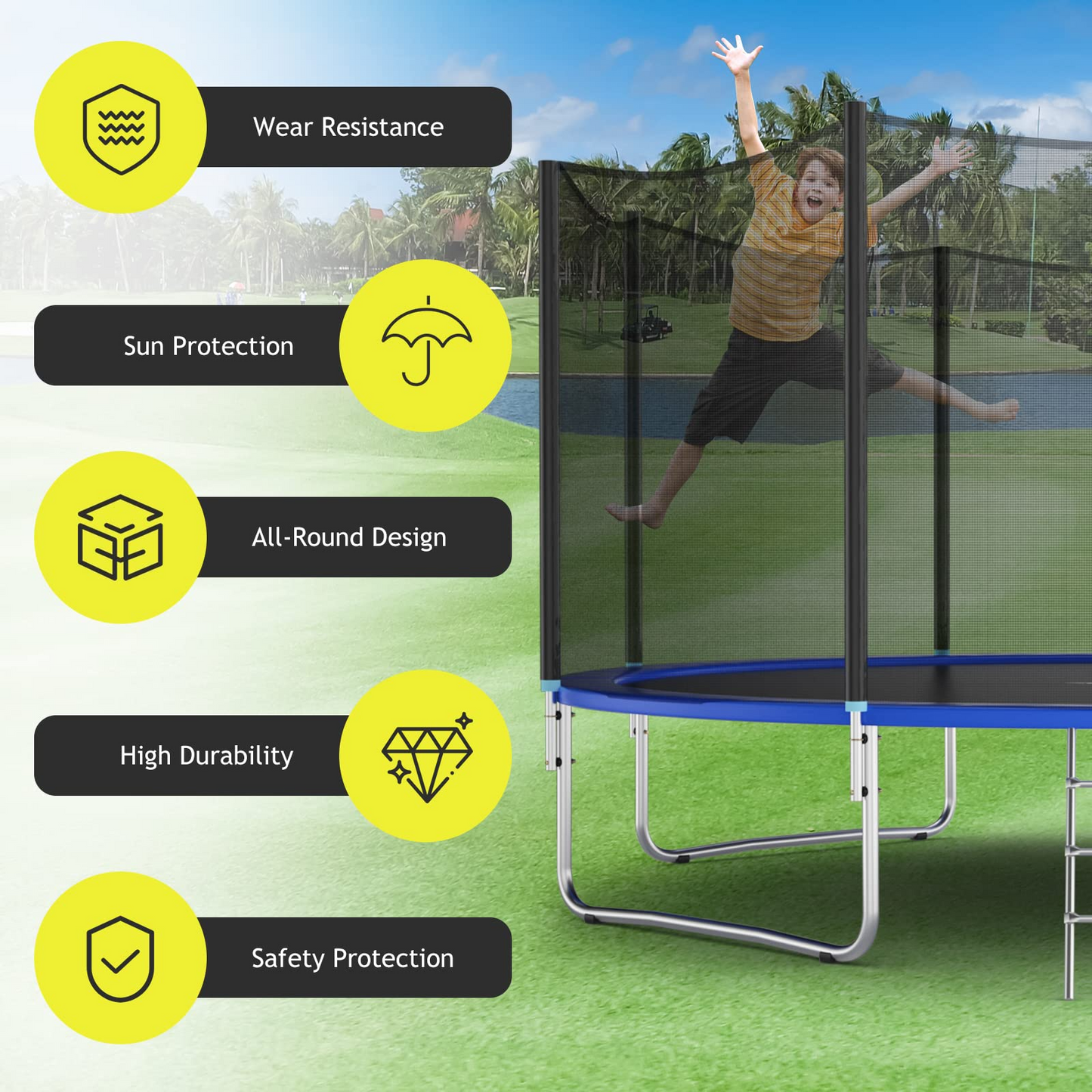 Trampoline Safety Net, 8 10 12 14 15 16Ft Weather-Resistant Replacement Enclosure Net for Round Frame