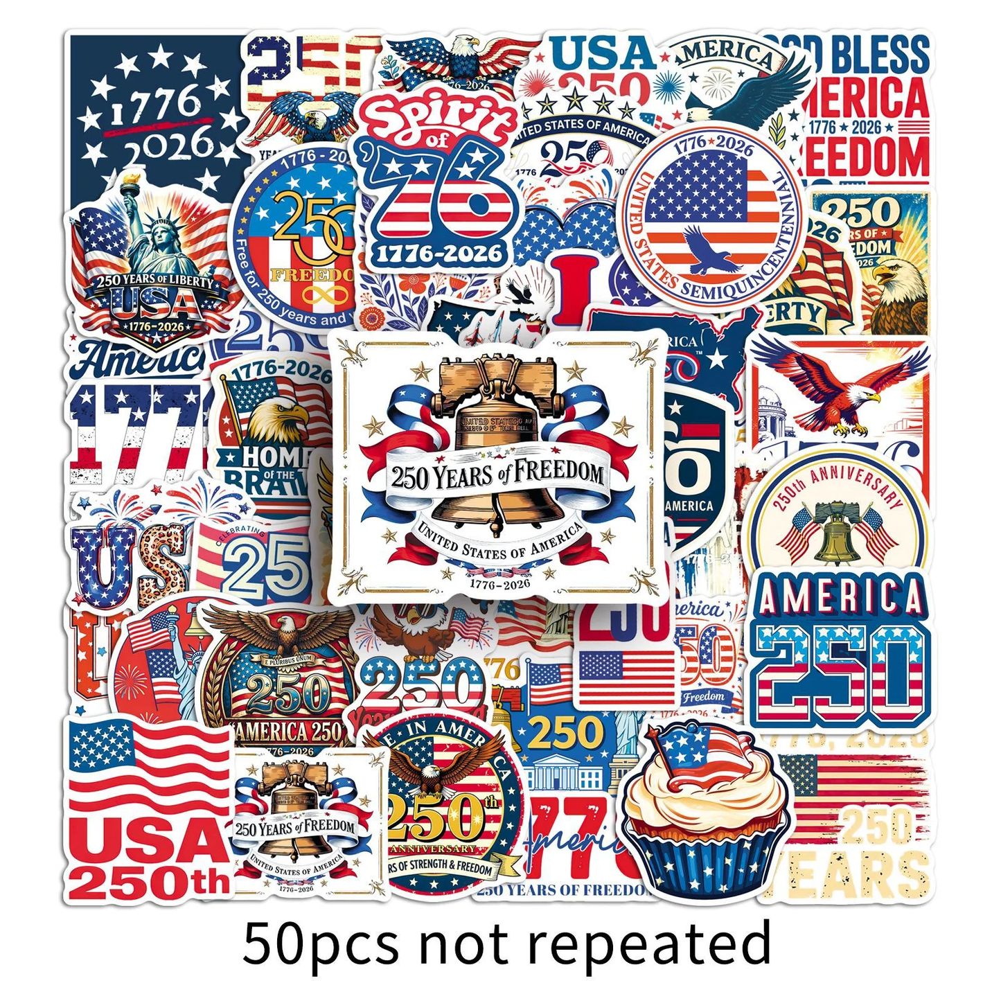 50 Pcs USA 250th Anniversary Patriotic Stickers – Independence Day