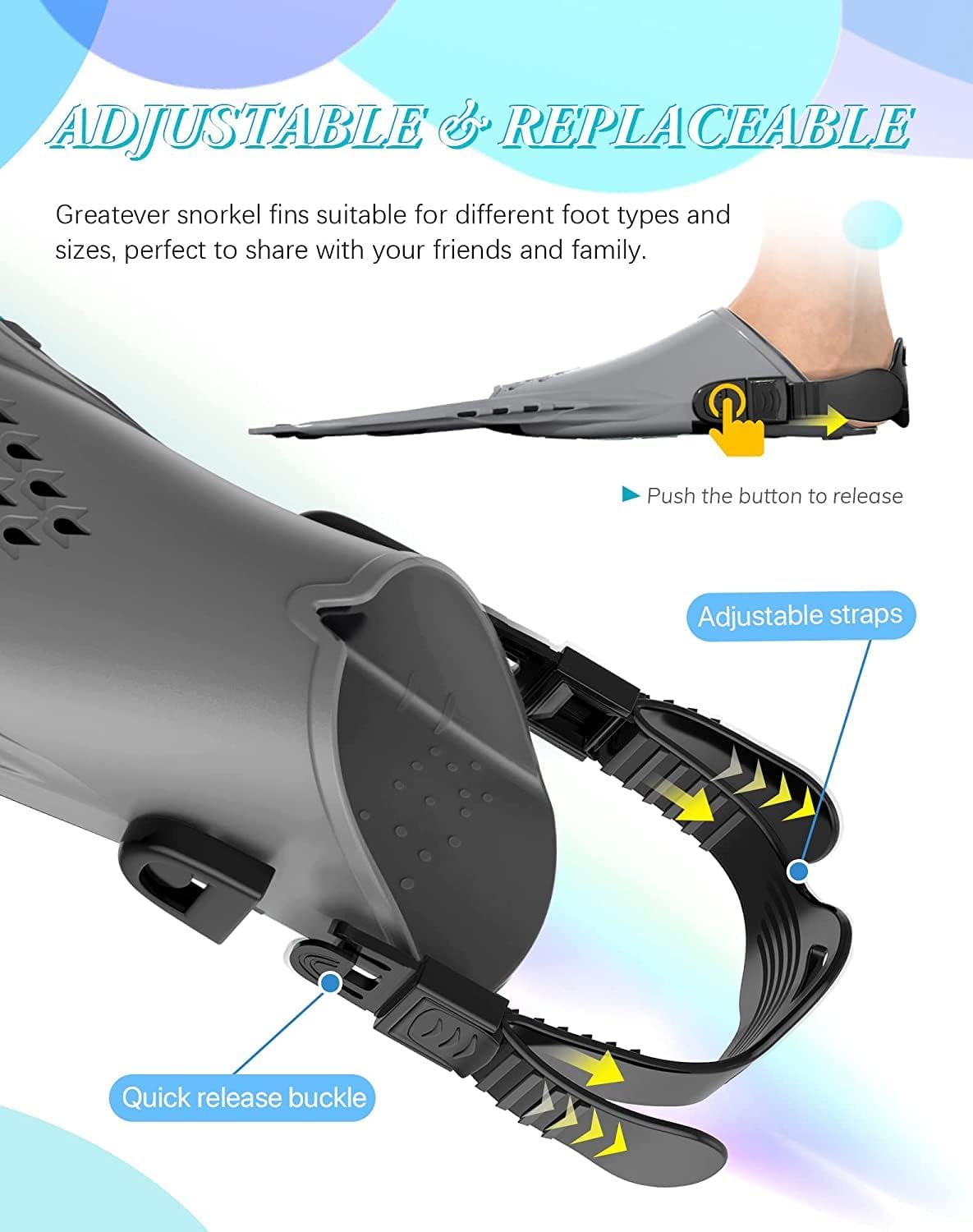 Adults Snorkel Fins | Adjustable Buckles Open Heel Swim Flippers