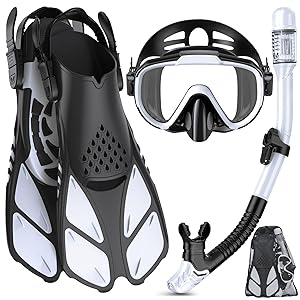 Adults Snorkel Set | With Adjustable Flippers, Diving Set with Snorkel Mask