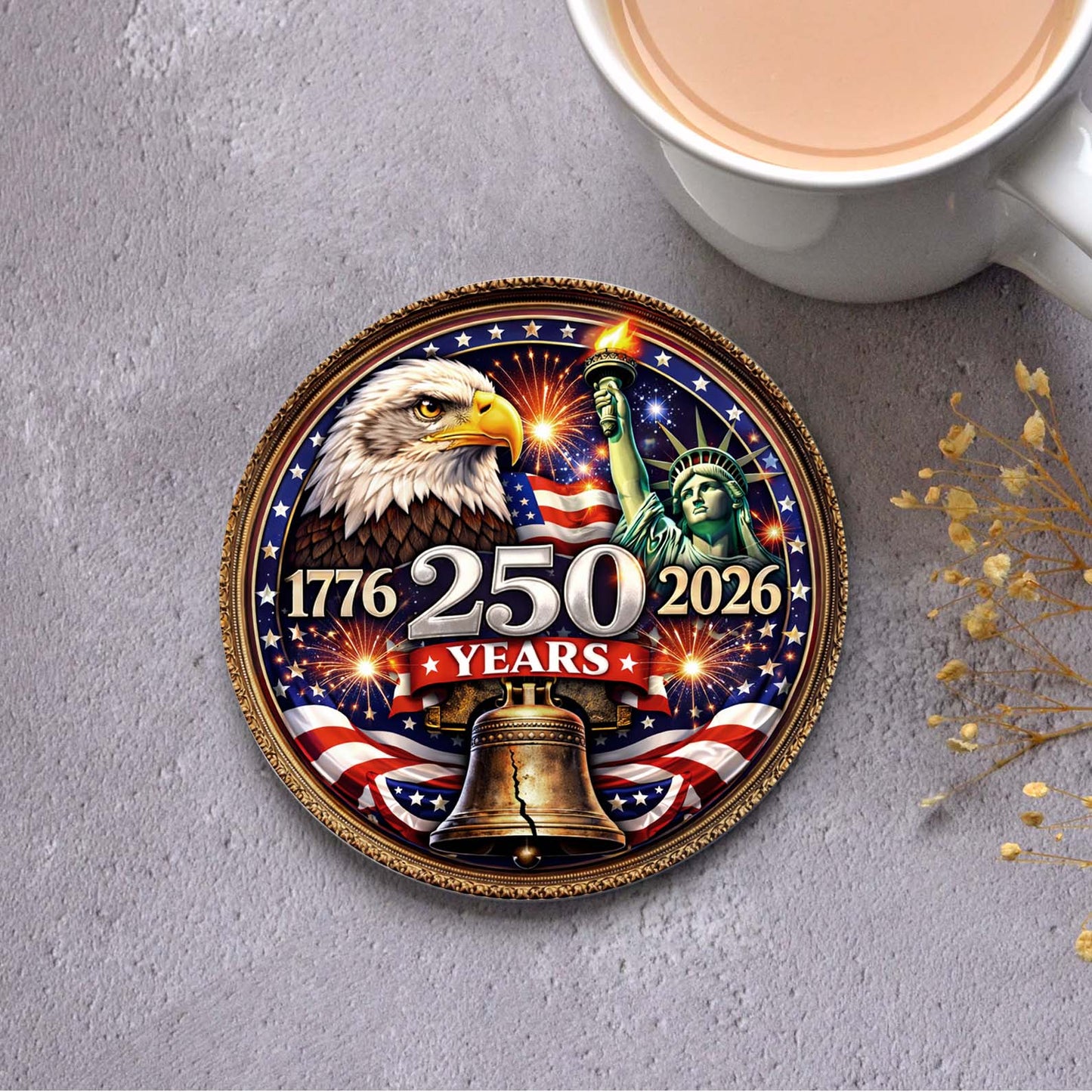 250 Years USA Anniversary Ceramic Coaster | Patriotic Eagle Liberty Coaster