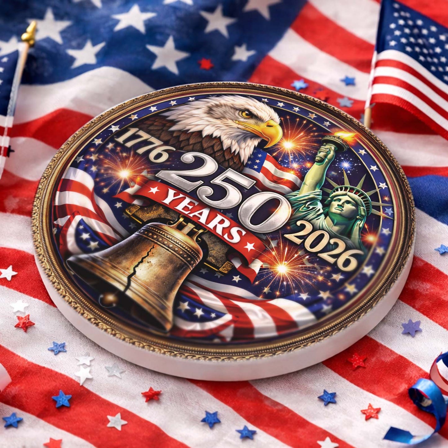 250 Years USA Anniversary Ceramic Coaster | Patriotic Eagle Liberty Coaster