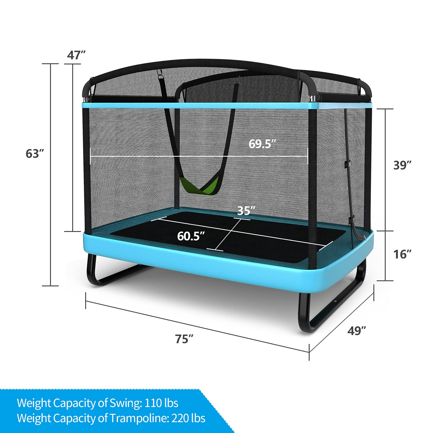 6 Ft Kids Trampoline with Swing, Baby Toddler Rectangle Trampoline, Max Load 220lbs (Blue/Orange)