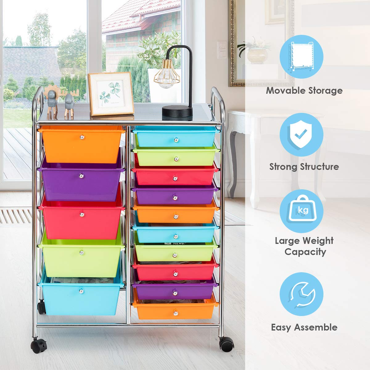 15-Drawer Organizer Cart Office School Rolling Storage Cart