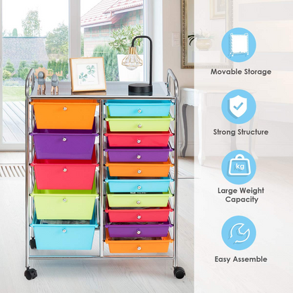 15-Drawer Organizer Cart Office School Rolling Storage Cart
