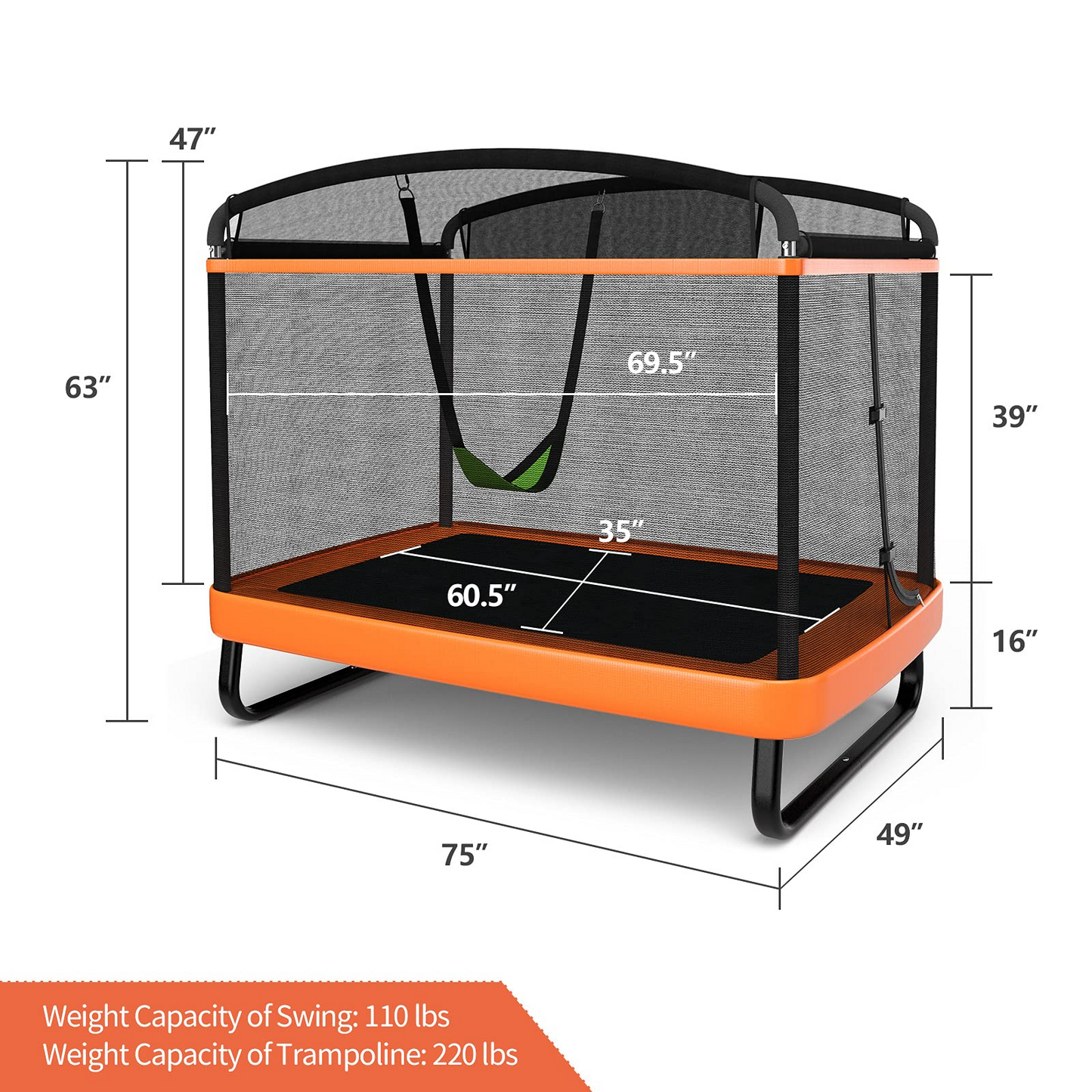 6 Ft Kids Trampoline with Swing, Baby Toddler Rectangle Trampoline, Max Load 220lbs (Blue/Orange)