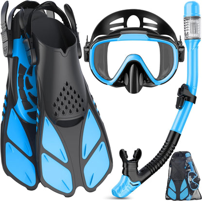 Adults Snorkel Set | With Adjustable Flippers, Diving Set with Snorkel Mask