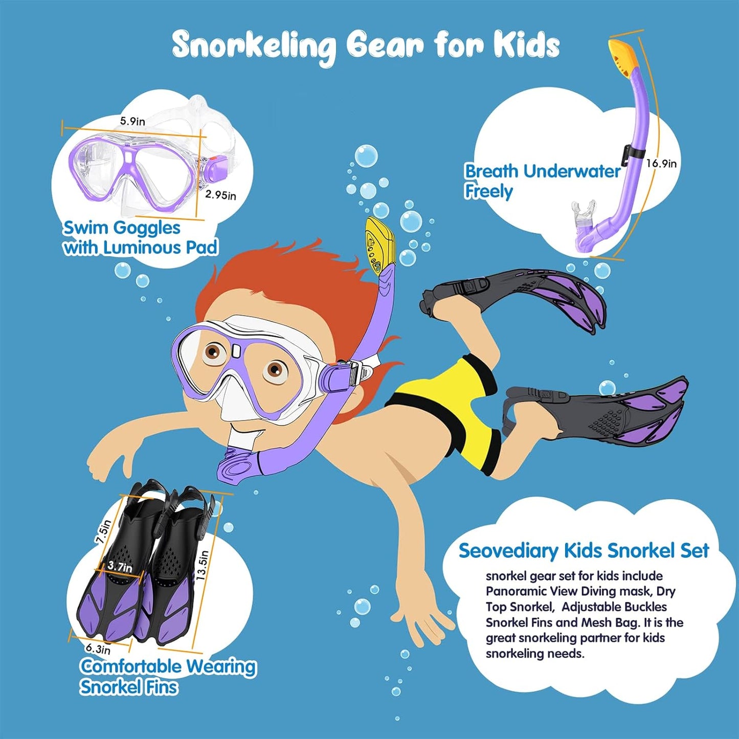 Kids Snorkel Set | Snorkeling Gear for Kids, Adjustable flippers