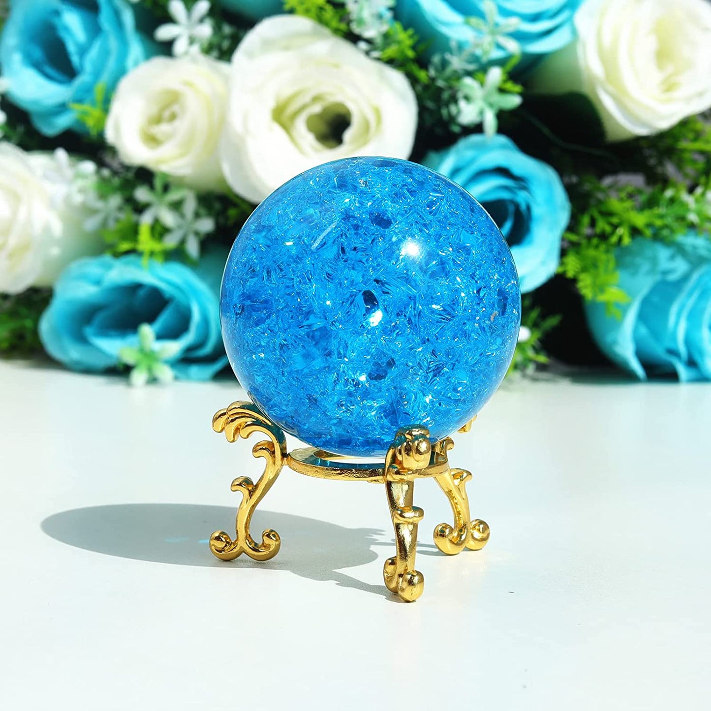 60mm Aqua Blue Crystal Crackle Ball with Golden Stand