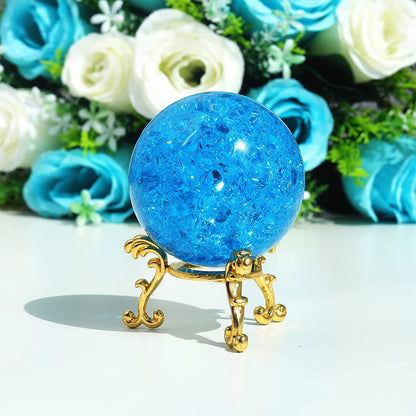60mm Aqua Blue Crystal Crackle Ball with Golden Stand
