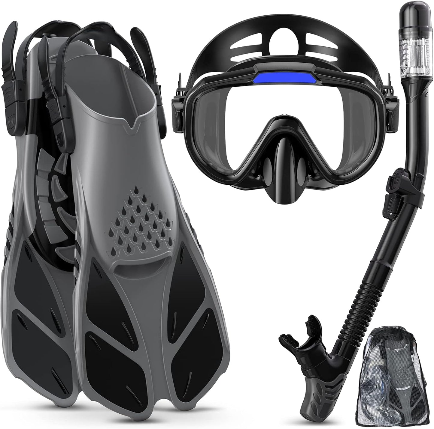 Adults Snorkel Set | With Adjustable Flippers, Diving Set with Snorkel Mask
